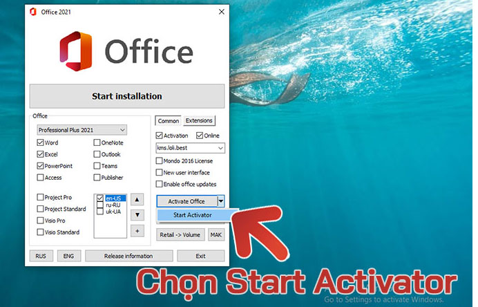 Chọn start Activate